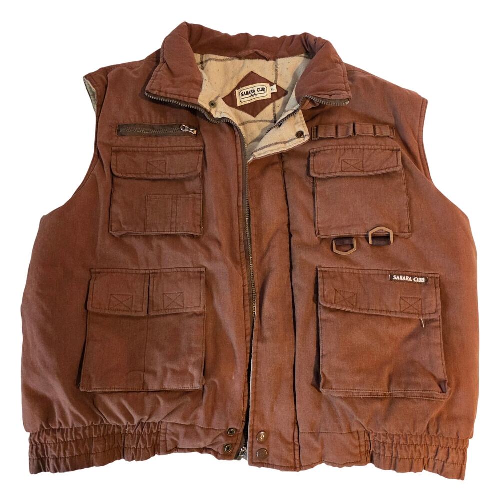 Vintage Sahara Club Brown Canvas Multi-Pocket Utility Vest XL Plaid Lined